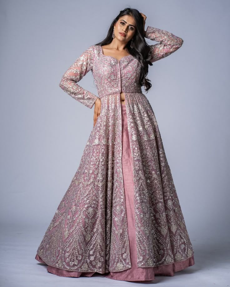 Pink Sheer Indo Western Gown _ Fusion Work _ Indian Wedding Anarkali with Skirt